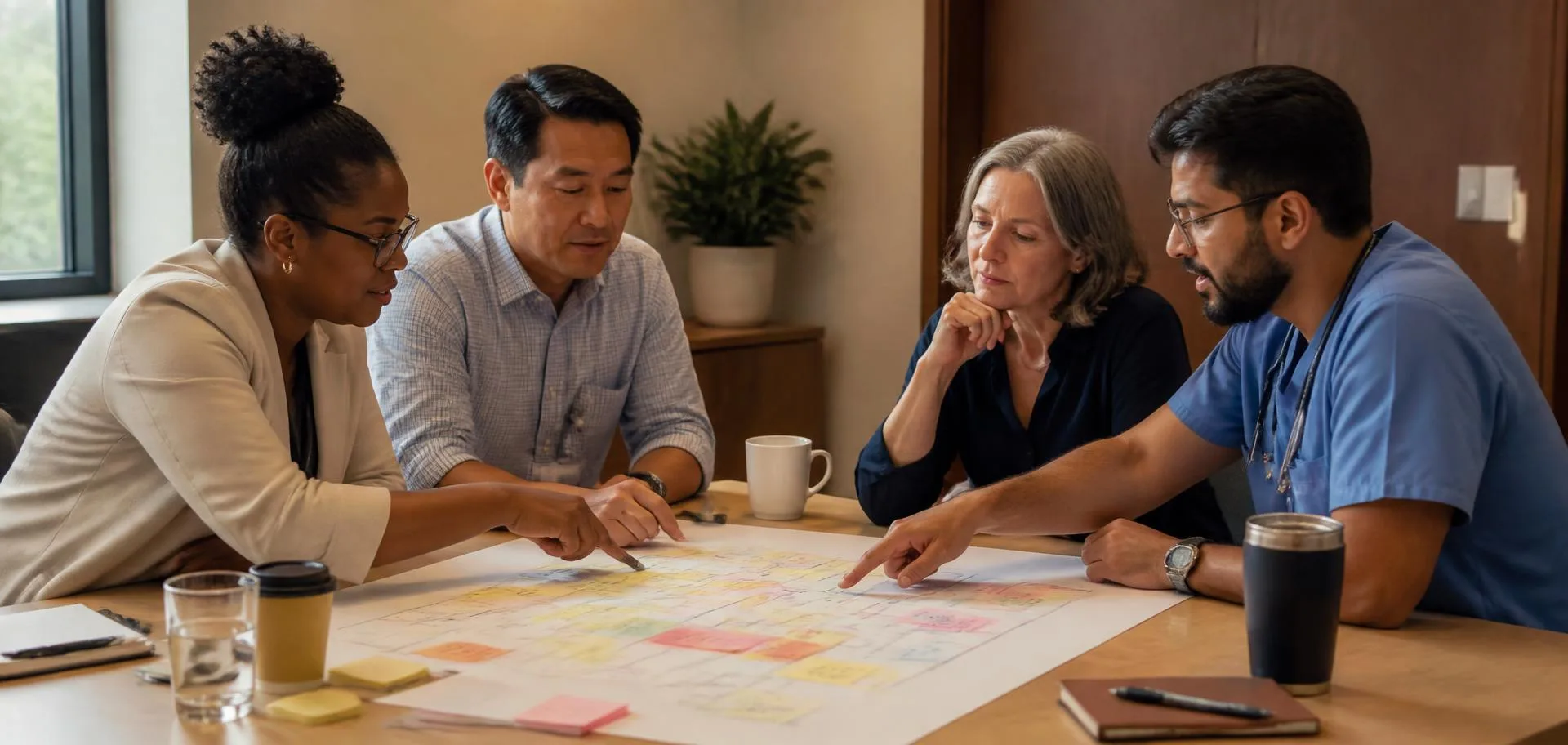 A healthcare operating leader and an advisor reviewing a workflow map together in a professional office.