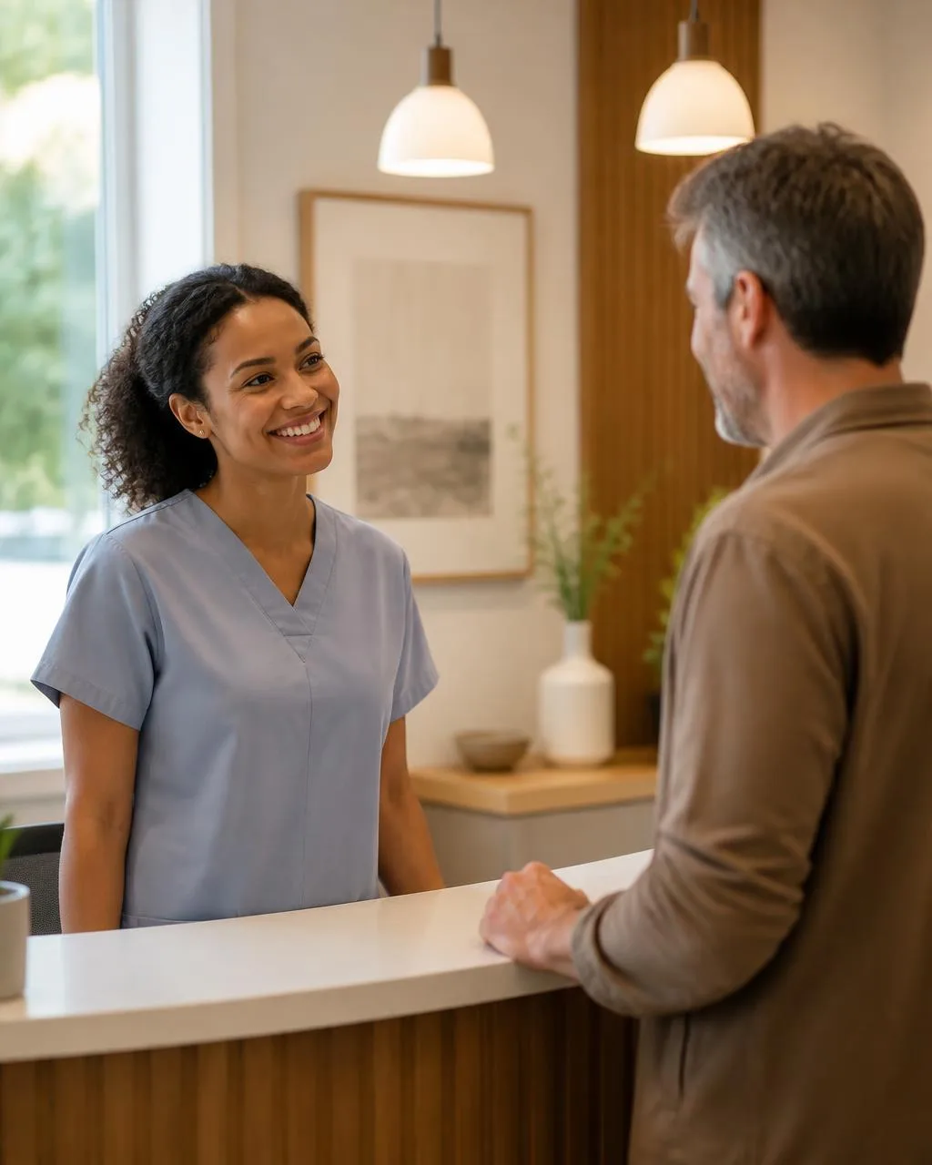 Outpatient clinic employee assisting a patient during the intake process.